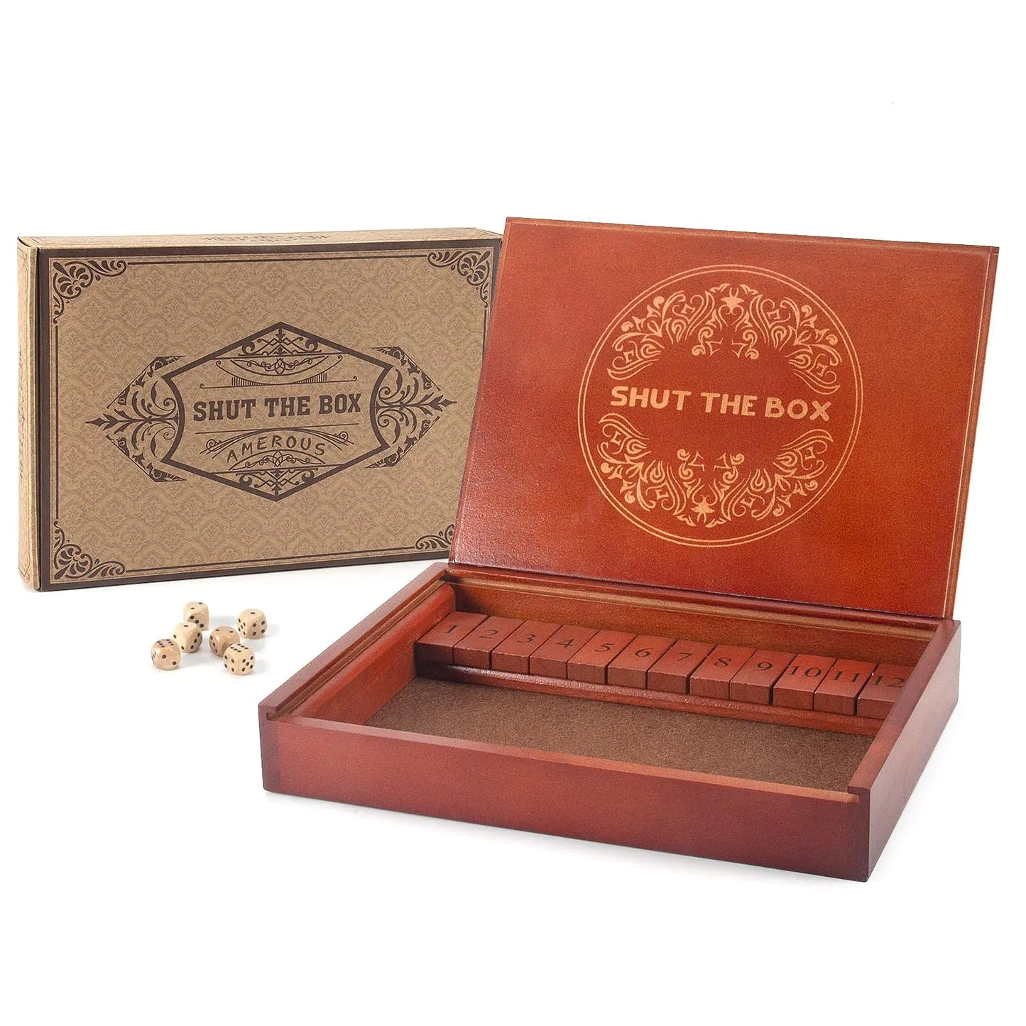 AMEROUS Shut The Box Dice Game,Wooden Board Table Math Game with Lid - 6 Dice - Gift Package - Rules Classic Board Game for Kids Adults Family