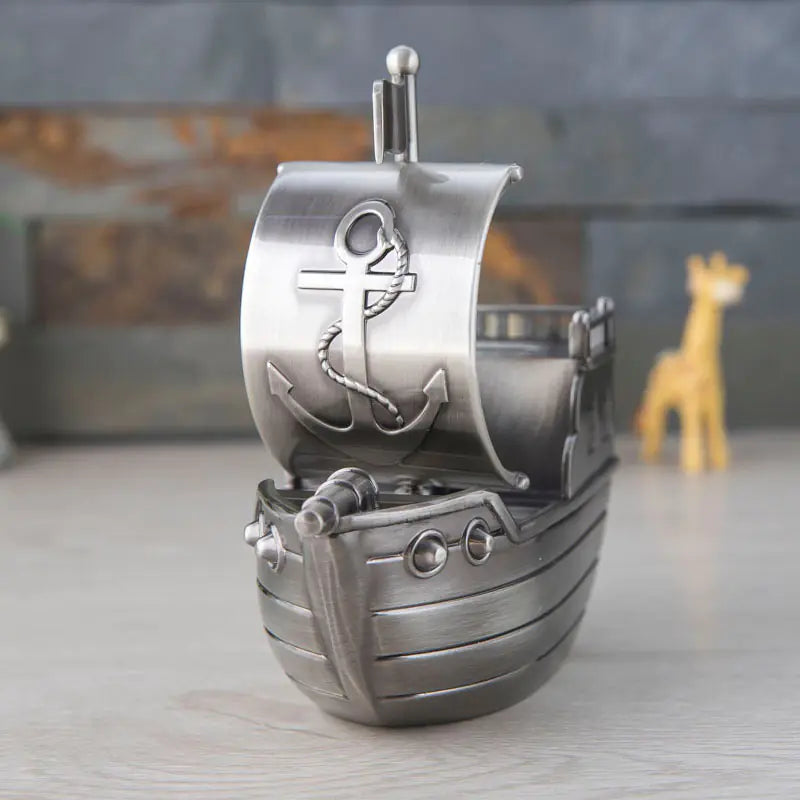 Metal European Vintage Pirate Ship Coin Bank Decor