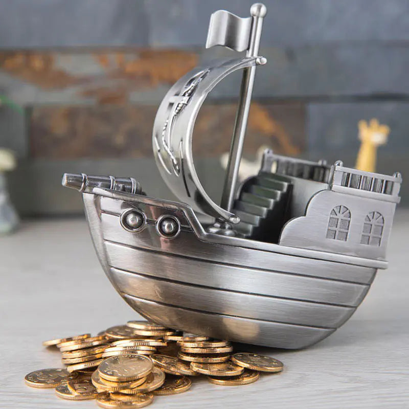Metal European Vintage Pirate Ship Coin Bank Decor