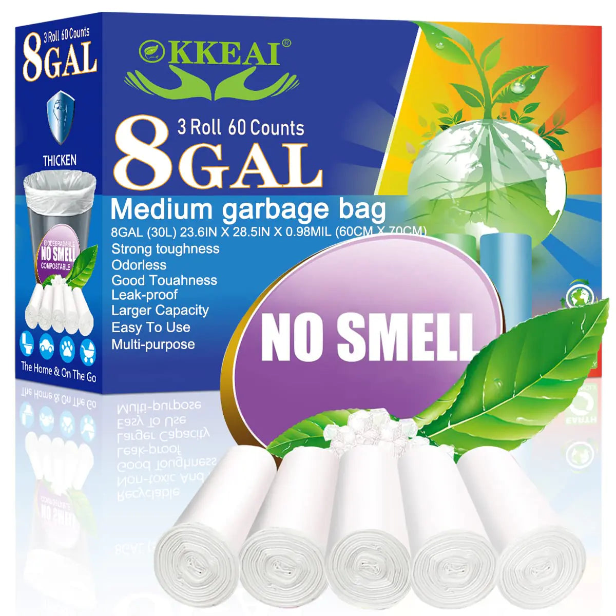 OKKEAI 8 Gallon Trash Bags 30L Garbage Bags Medium White Kitchen Trash Bags Wastebasket Liners for BathroomHome Office Lawn60 CountClear (Fits 7-10 Gallon Bins)