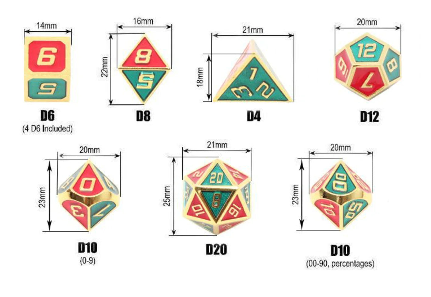 Elegant RPG Metal Dice Kit - 7 Piece Set with Bag