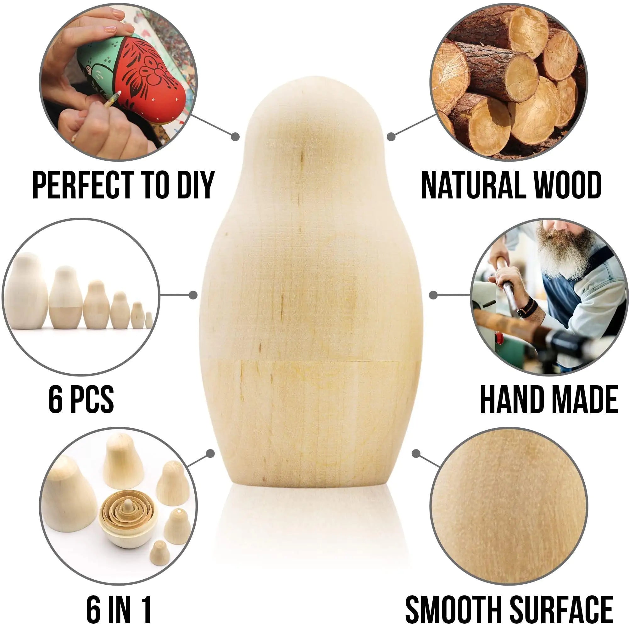 DIY Russian Nesting Dolls 6pcs Unpainted Matryoshka