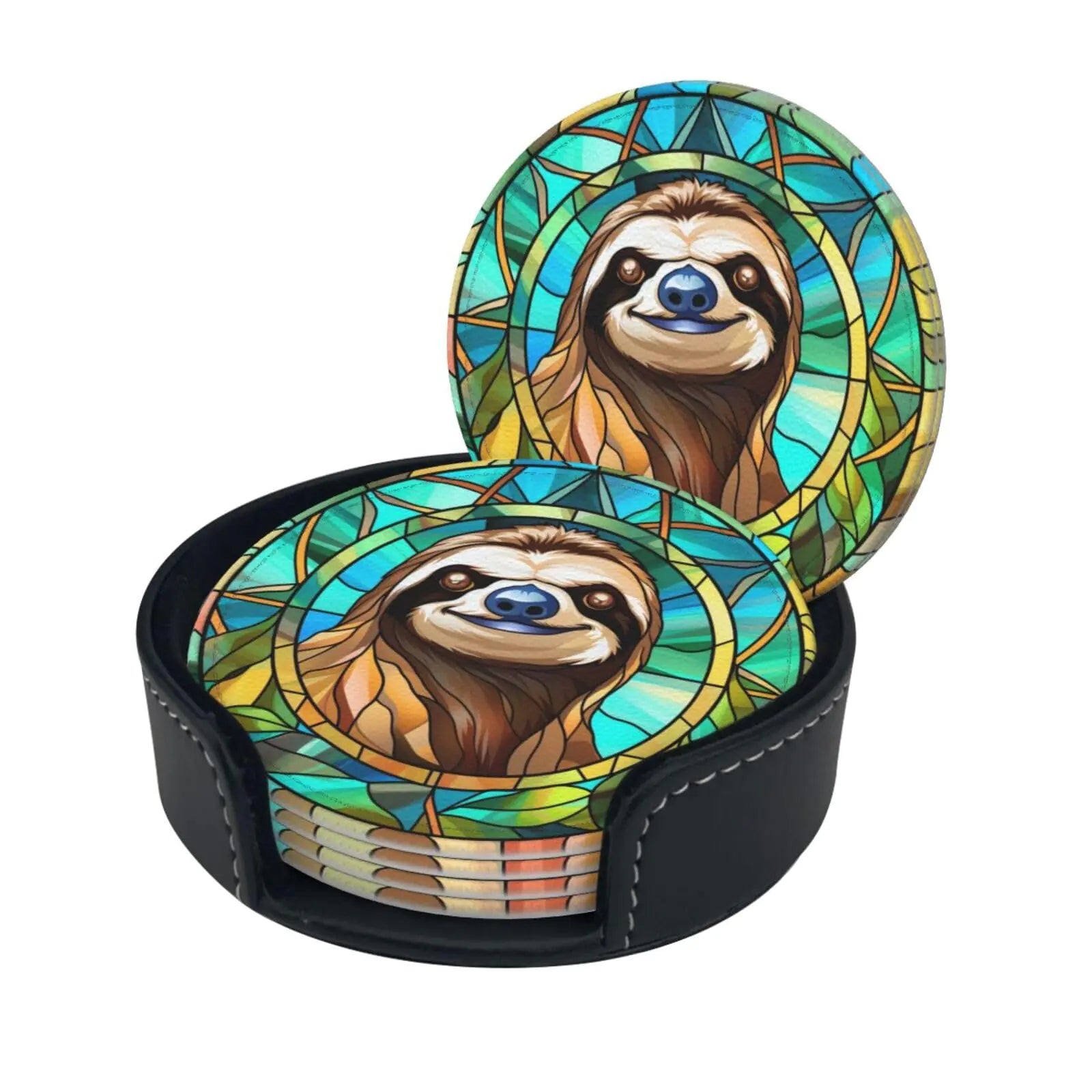 Sloth Drink Coaster Set of 6 Sloth Decor Gifts Leather Drink Coasters with Holder 6 Pack Cup/Bar/Drink Coasters for Table/Drinks/Coffee Protection Housewarming Gift (Sloth)