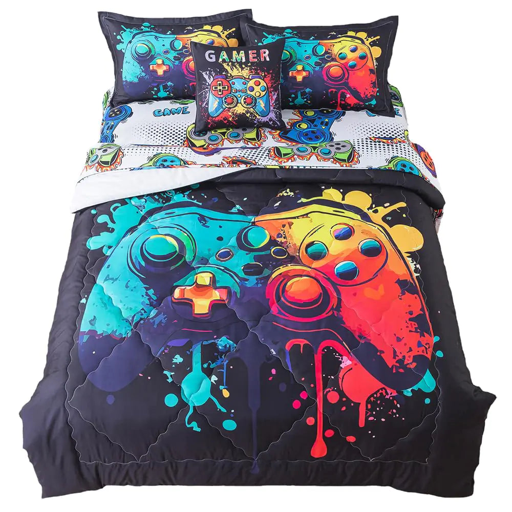 ADASMILE A & S Game Comforter Sets for Boys Teens 6 Pieces Gaming Bedding Set Full Size Colorful Video Game Gaming Comforter for Kids Game Bed in A Bag Comforter with Game Sheets Home Decor