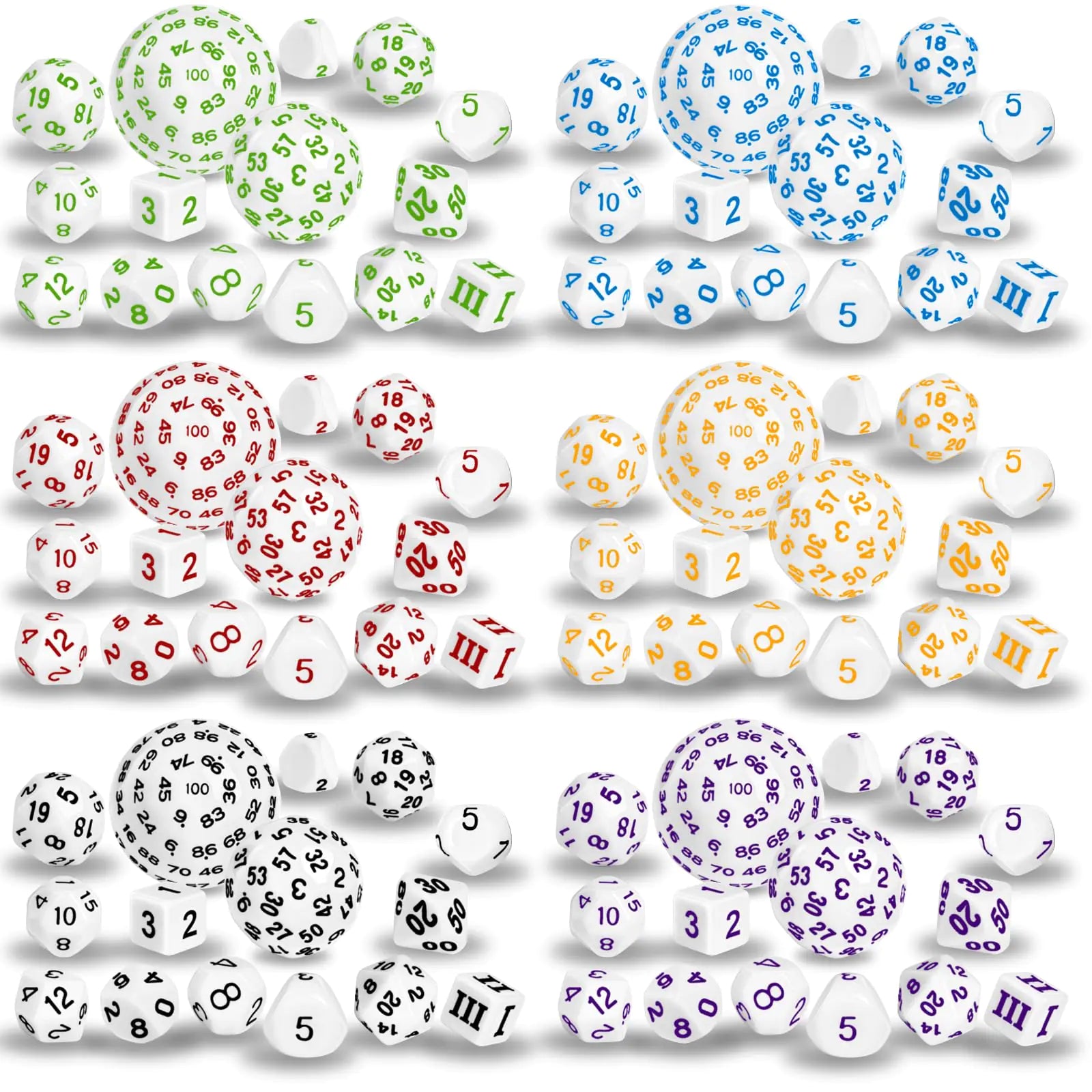 IvyFieldDice Complete RPG Dice Set D3-D100 (15 pcs) - White